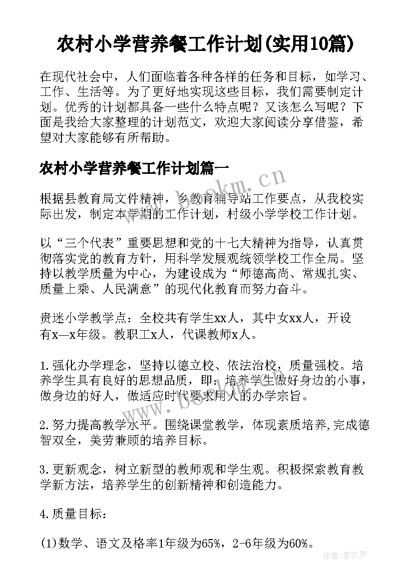 农村小学营养餐工作计划(实用10篇)