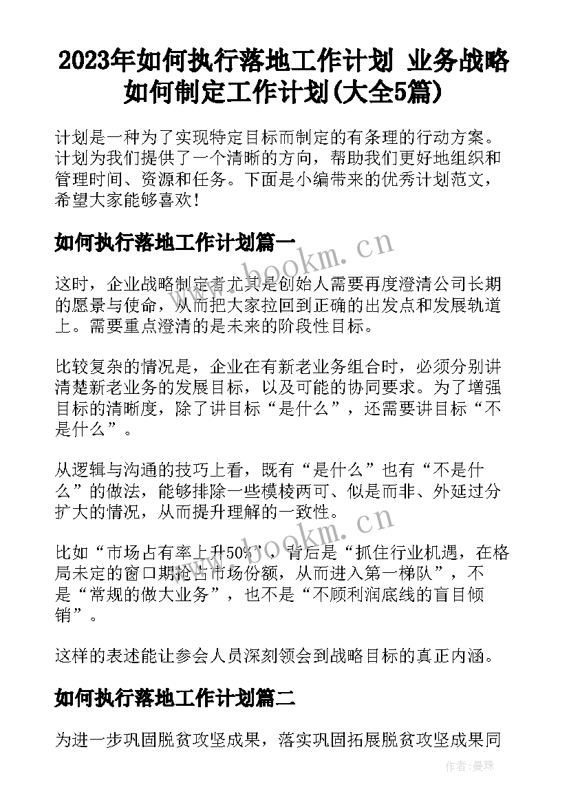 2023年如何执行落地工作计划 业务战略如何制定工作计划(大全5篇)