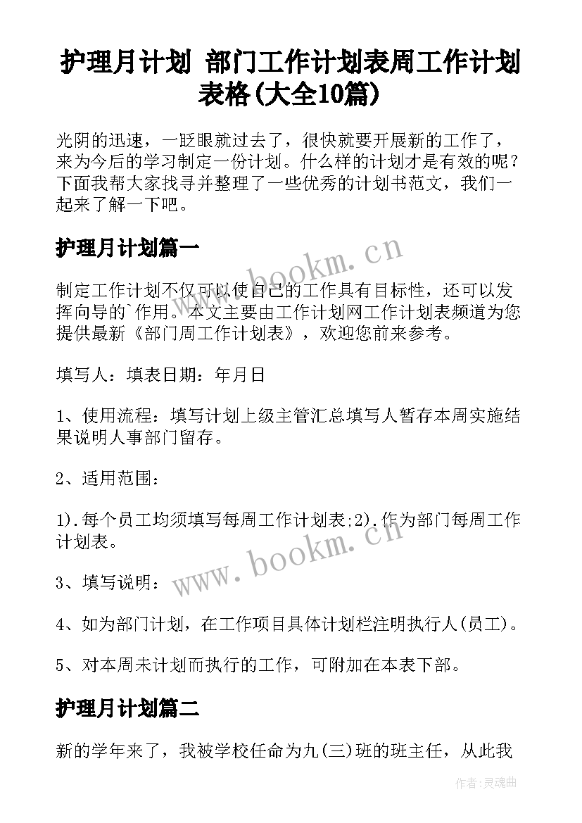 护理月计划 部门工作计划表周工作计划表格(大全10篇)