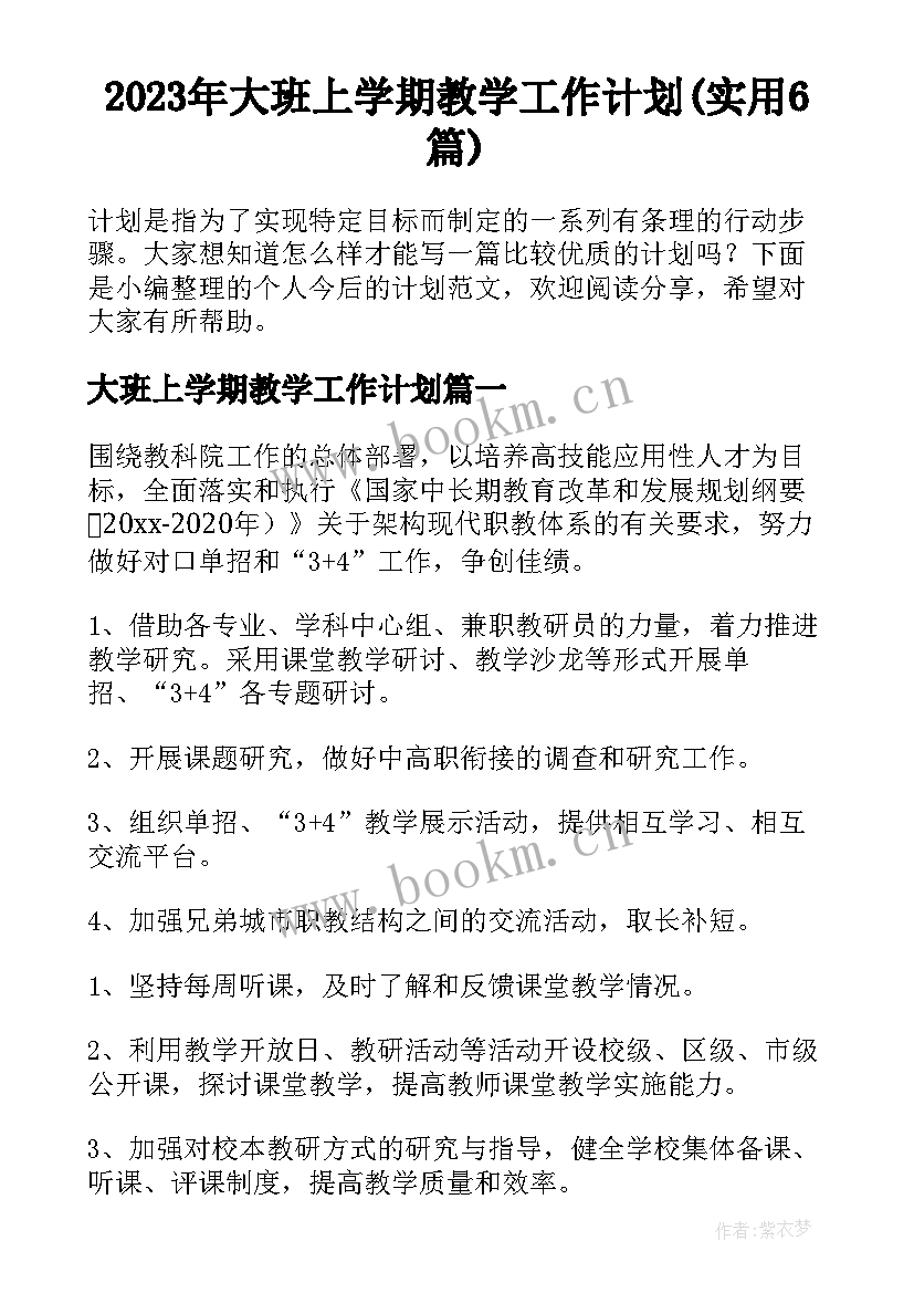 2023年大班上学期教学工作计划(实用6篇)