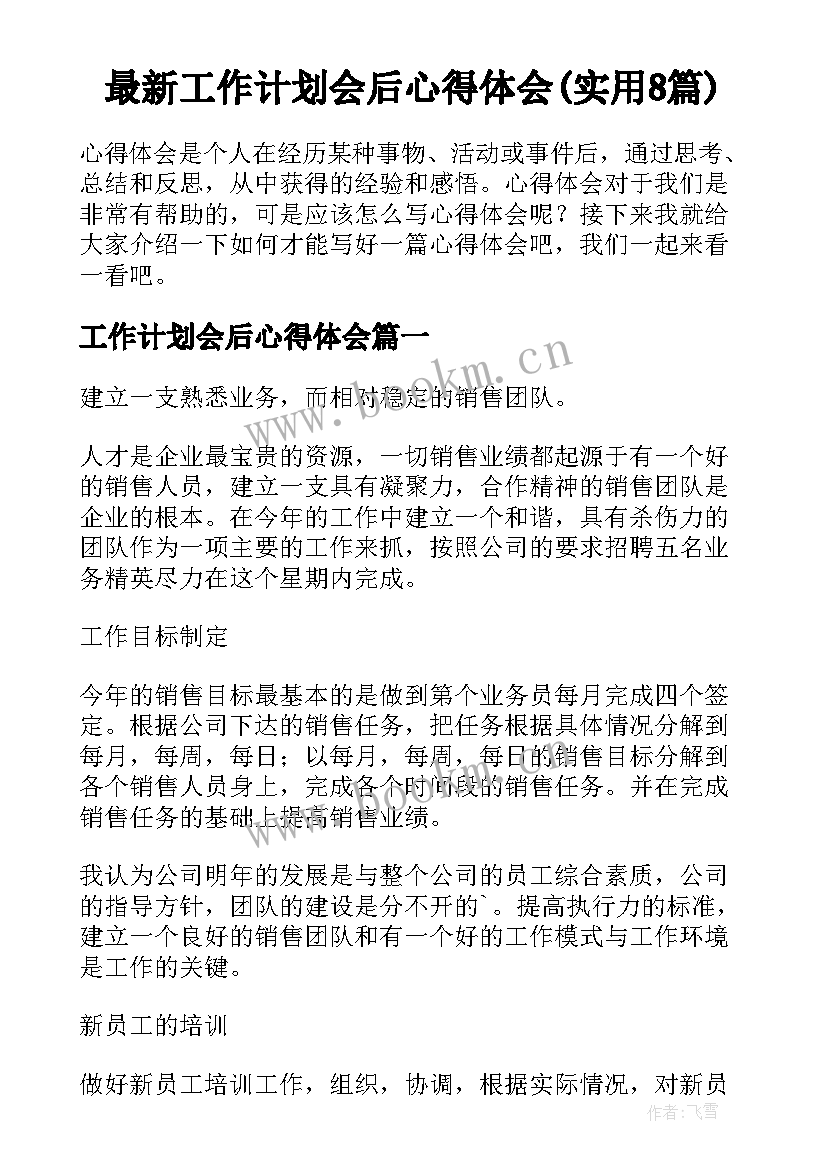 最新工作计划会后心得体会(实用8篇)