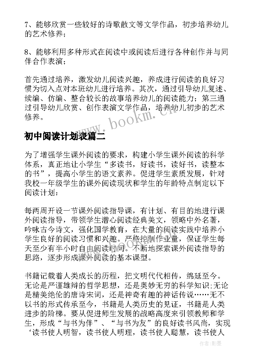 2023年初中阅读计划表 幼儿园阅读工作计划(优秀6篇)