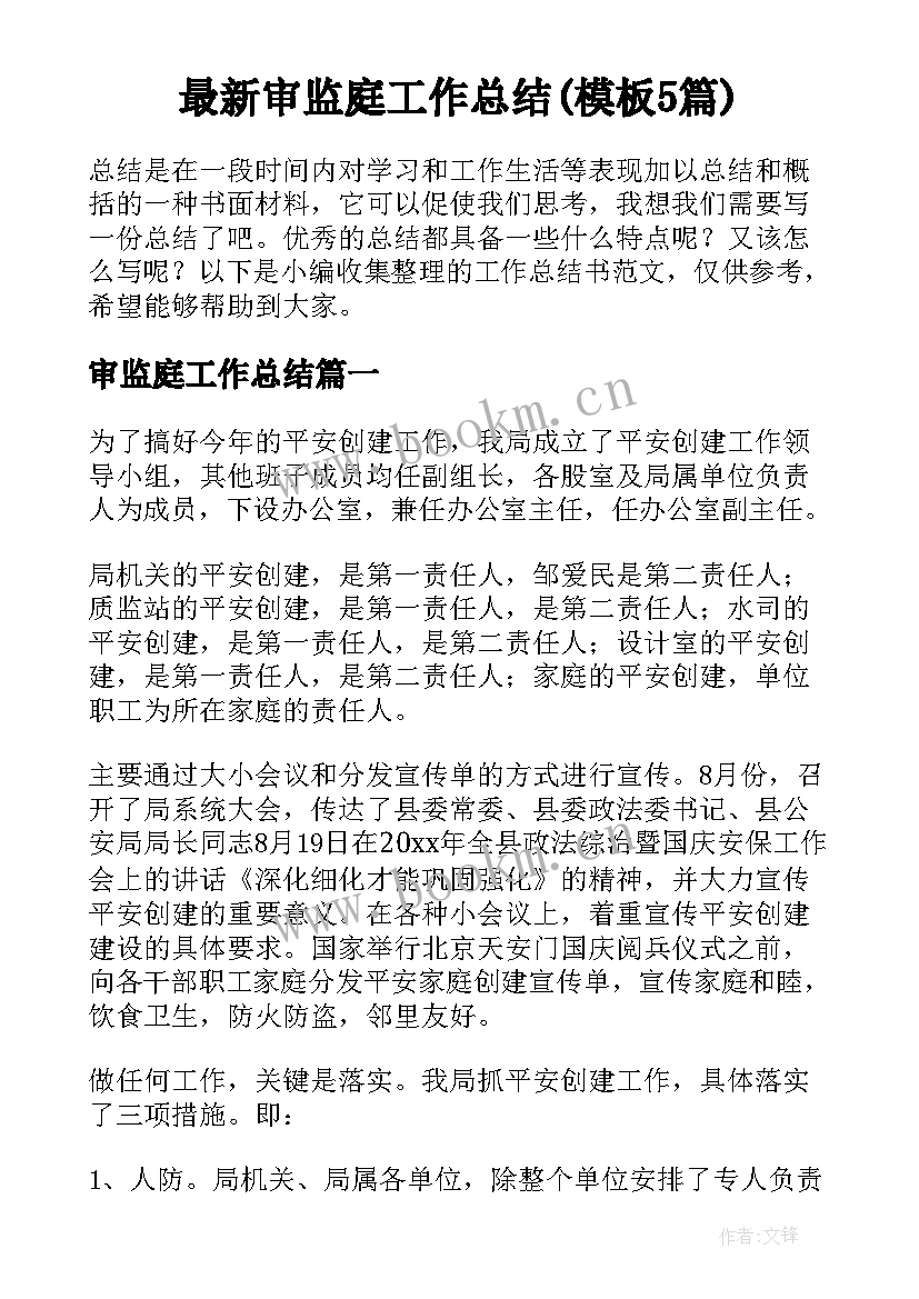 最新审监庭工作总结(模板5篇)