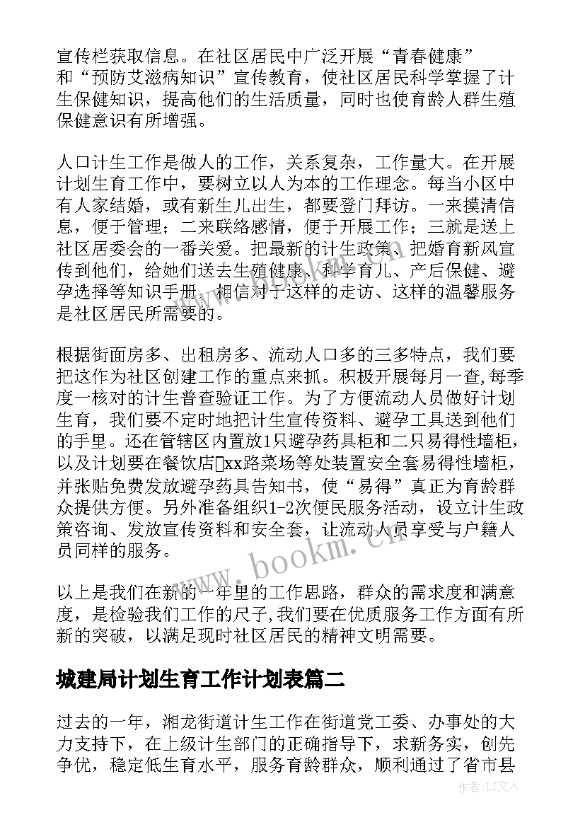 2023年城建局计划生育工作计划表 计划生育工作计划(精选5篇)