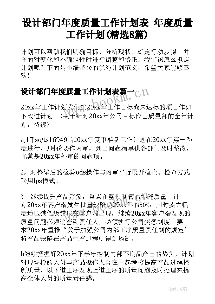 设计部门年度质量工作计划表 年度质量工作计划(精选8篇)