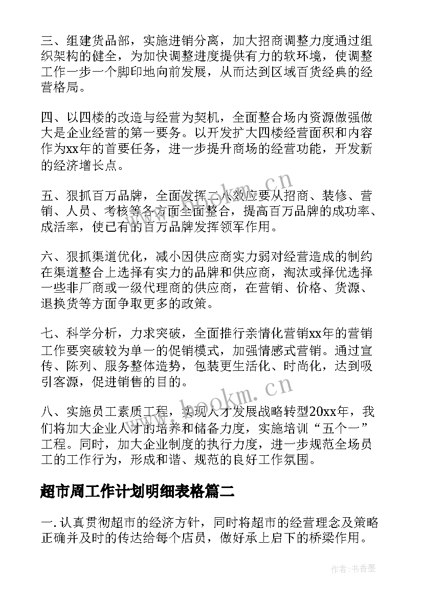 超市周工作计划明细表格 超市工作计划(精选7篇)