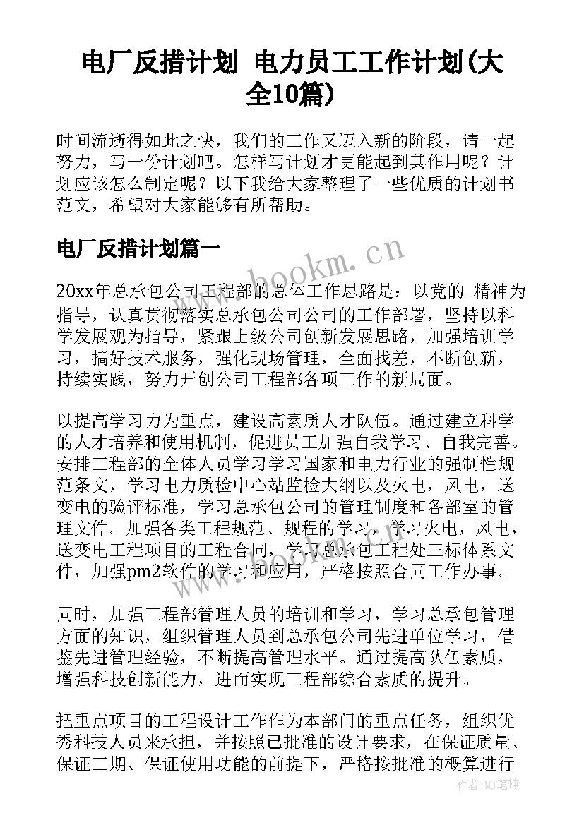 电厂反措计划 电力员工工作计划(大全10篇)