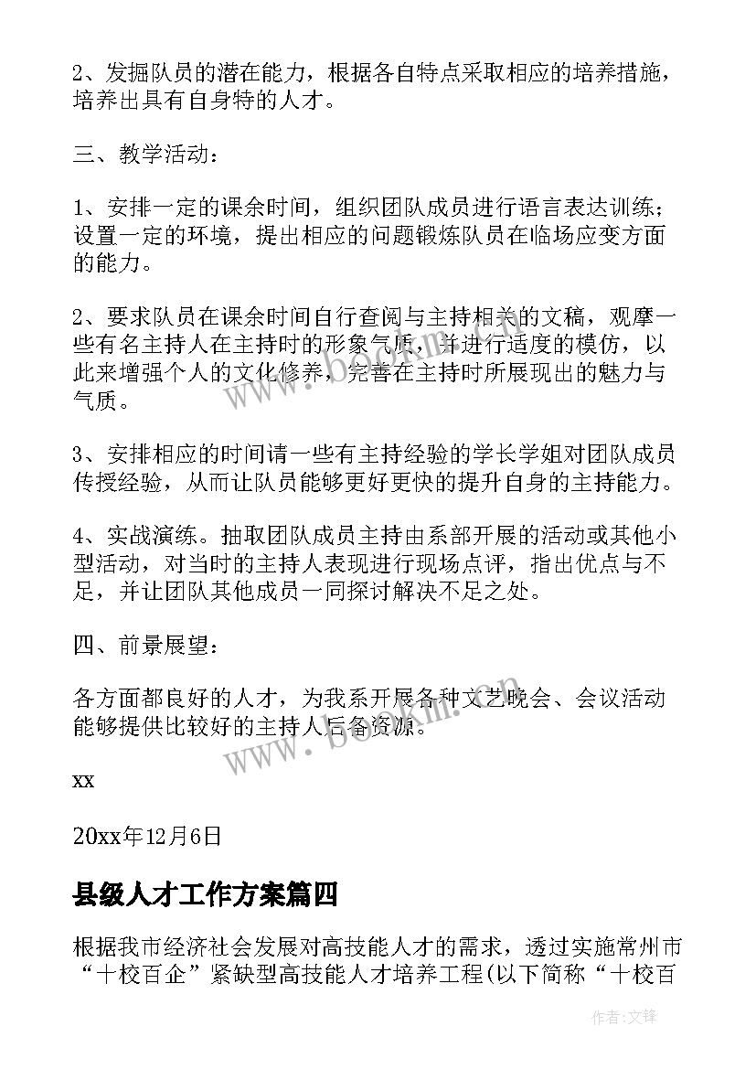 2023年县级人才工作方案 人才培养工作计划(优质10篇)