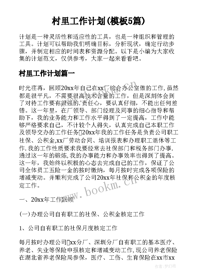 村里工作计划(模板5篇)