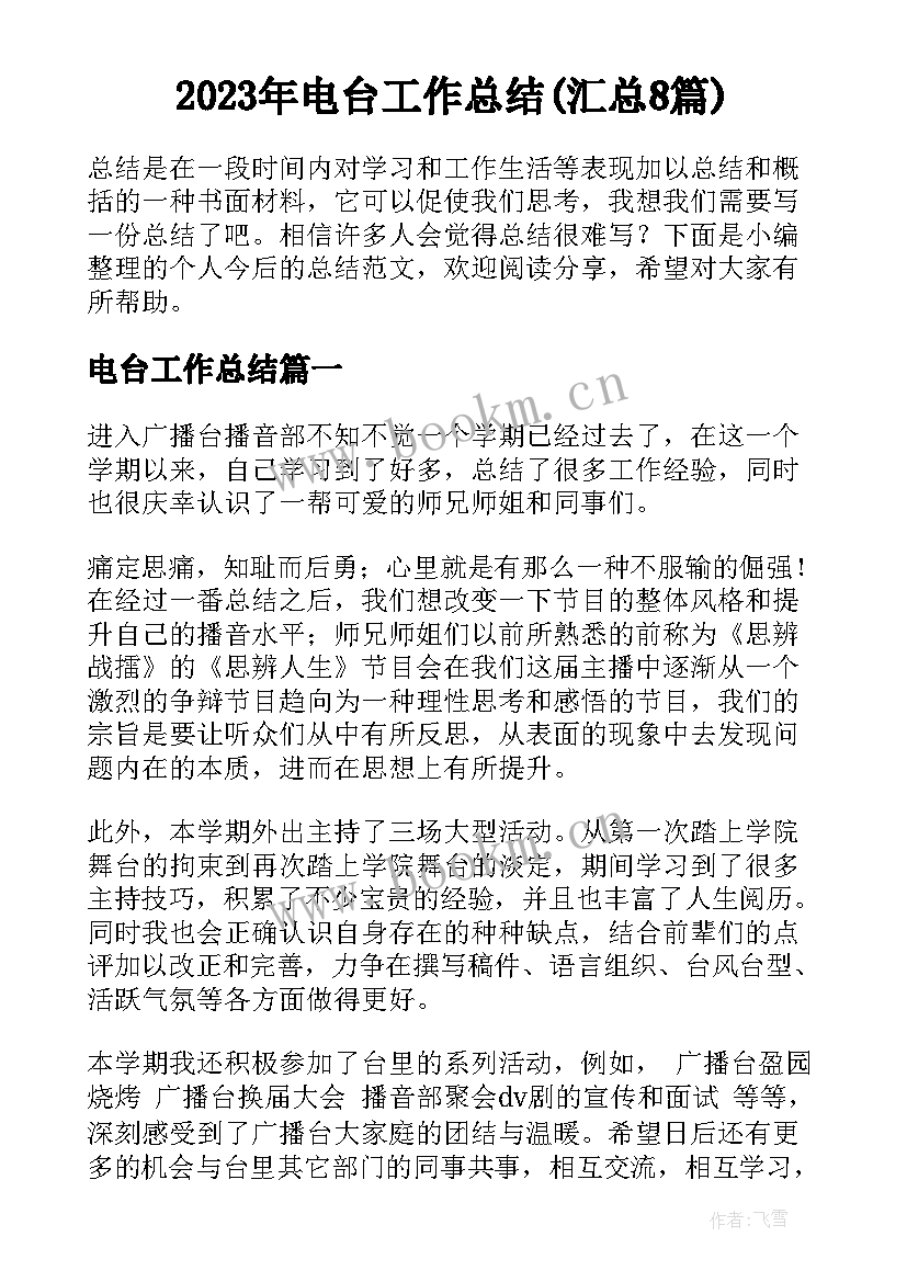 2023年电台工作总结(汇总8篇)