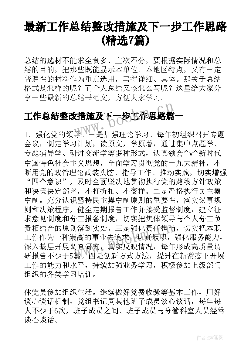 最新工作总结整改措施及下一步工作思路(精选7篇)