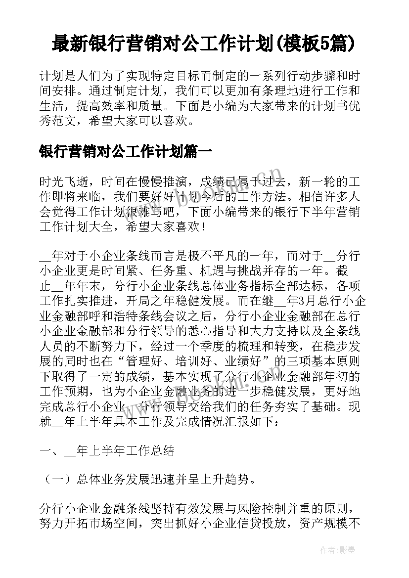 最新银行营销对公工作计划(模板5篇)