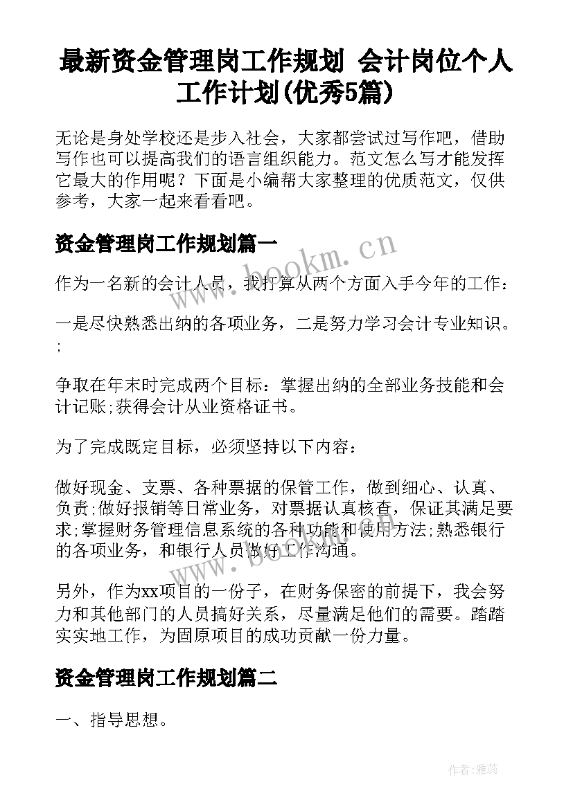 最新资金管理岗工作规划 会计岗位个人工作计划(优秀5篇)