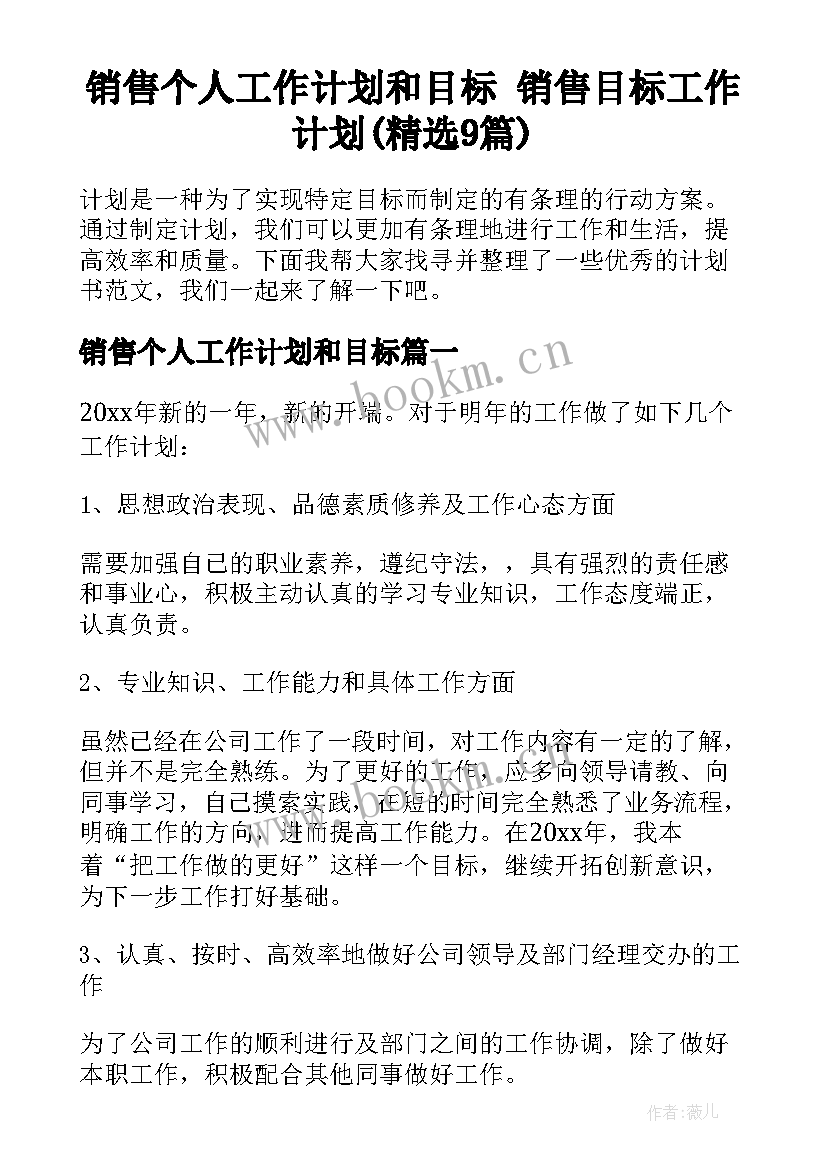 销售个人工作计划和目标 销售目标工作计划(精选9篇)