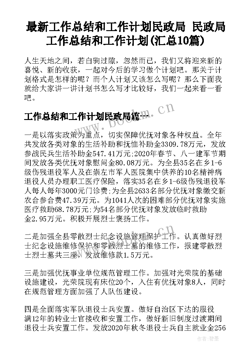 最新工作总结和工作计划民政局 民政局工作总结和工作计划(汇总10篇)