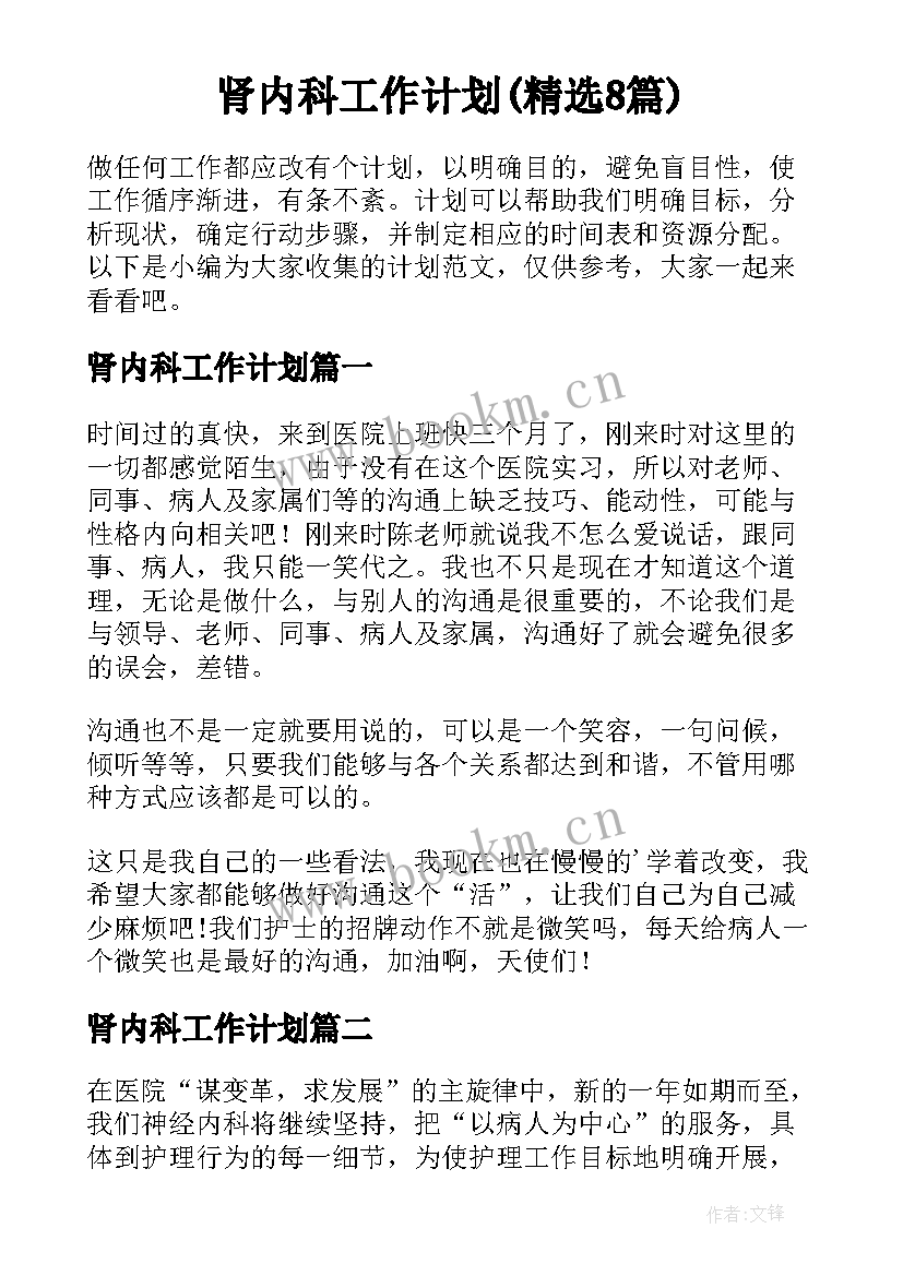 肾内科工作计划(精选8篇)