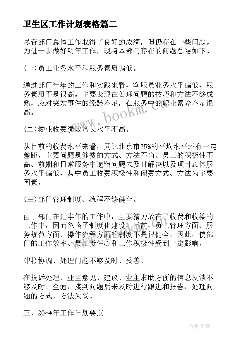 卫生区工作计划表格 下周工作计划表格(实用8篇)