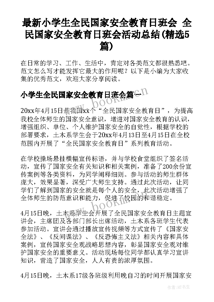 最新小学生全民国家安全教育日班会 全民国家安全教育日班会活动总结(精选5篇)