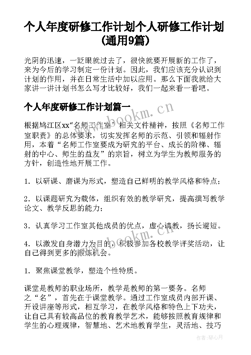 个人年度研修工作计划 个人研修工作计划(通用9篇)