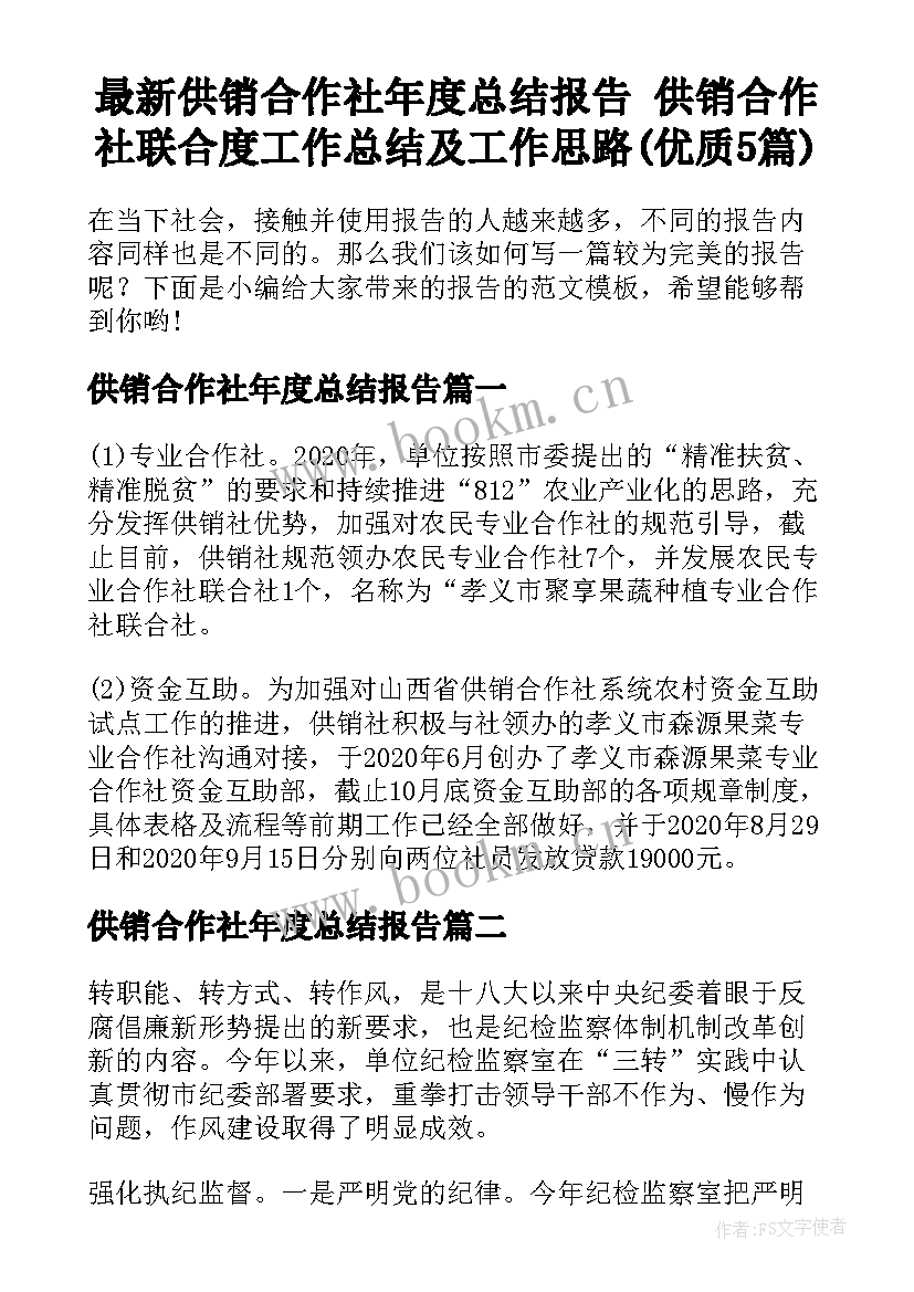 最新供销合作社年度总结报告 供销合作社联合度工作总结及工作思路(优质5篇)