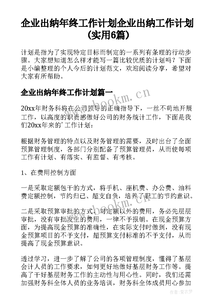 企业出纳年终工作计划 企业出纳工作计划(实用6篇)