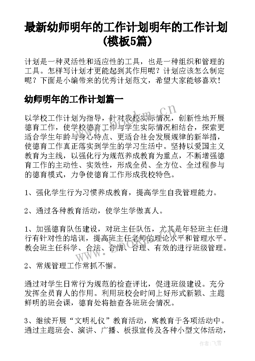 最新幼师明年的工作计划 明年的工作计划(模板5篇)