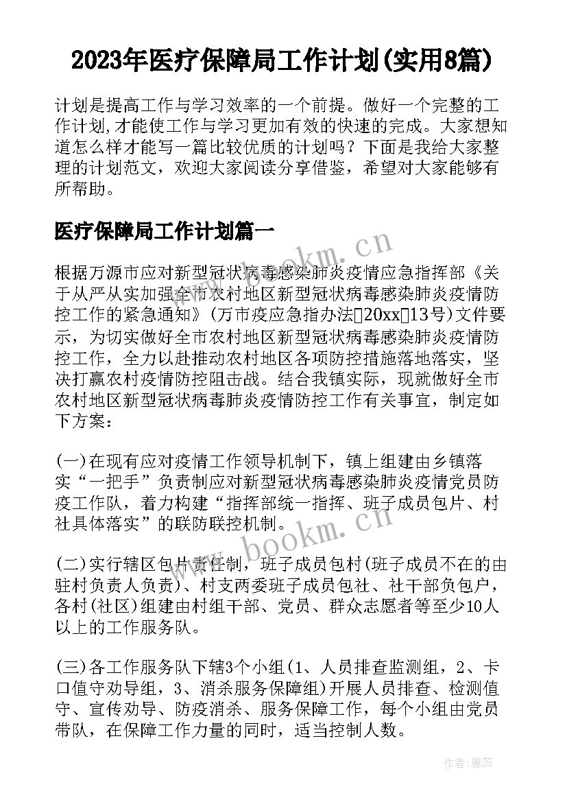 2023年医疗保障局工作计划(实用8篇)