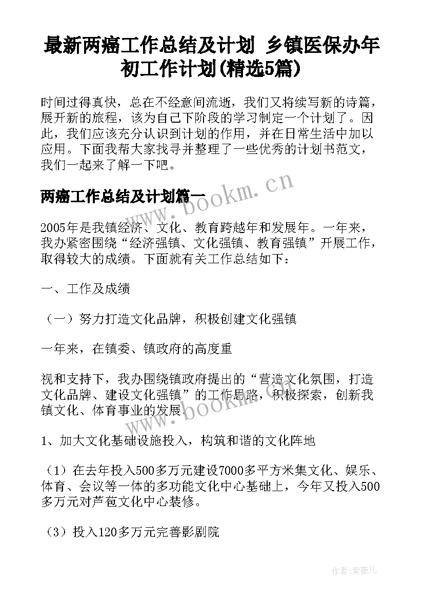 最新两癌工作总结及计划 乡镇医保办年初工作计划(精选5篇)