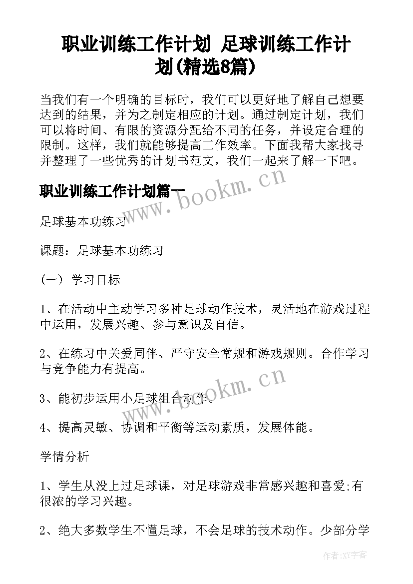 职业训练工作计划 足球训练工作计划(精选8篇)