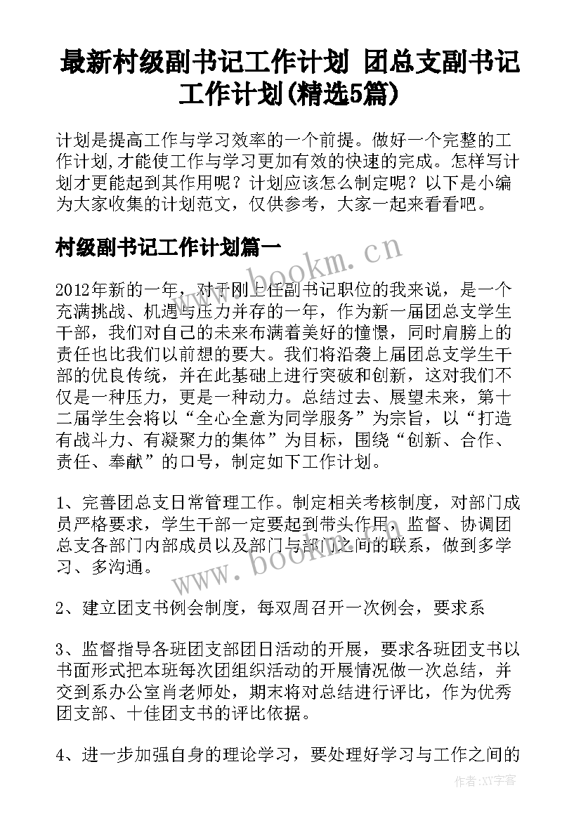 最新村级副书记工作计划 团总支副书记工作计划(精选5篇)