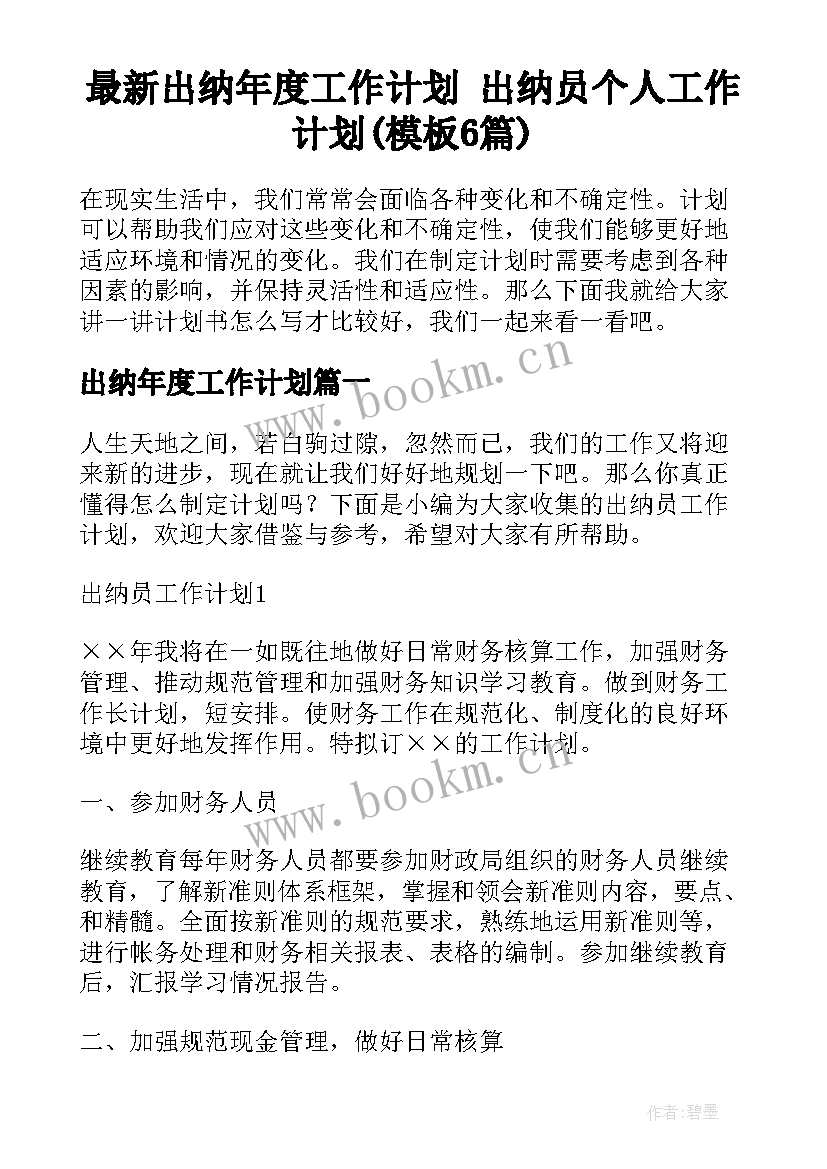 最新出纳年度工作计划 出纳员个人工作计划(模板6篇)