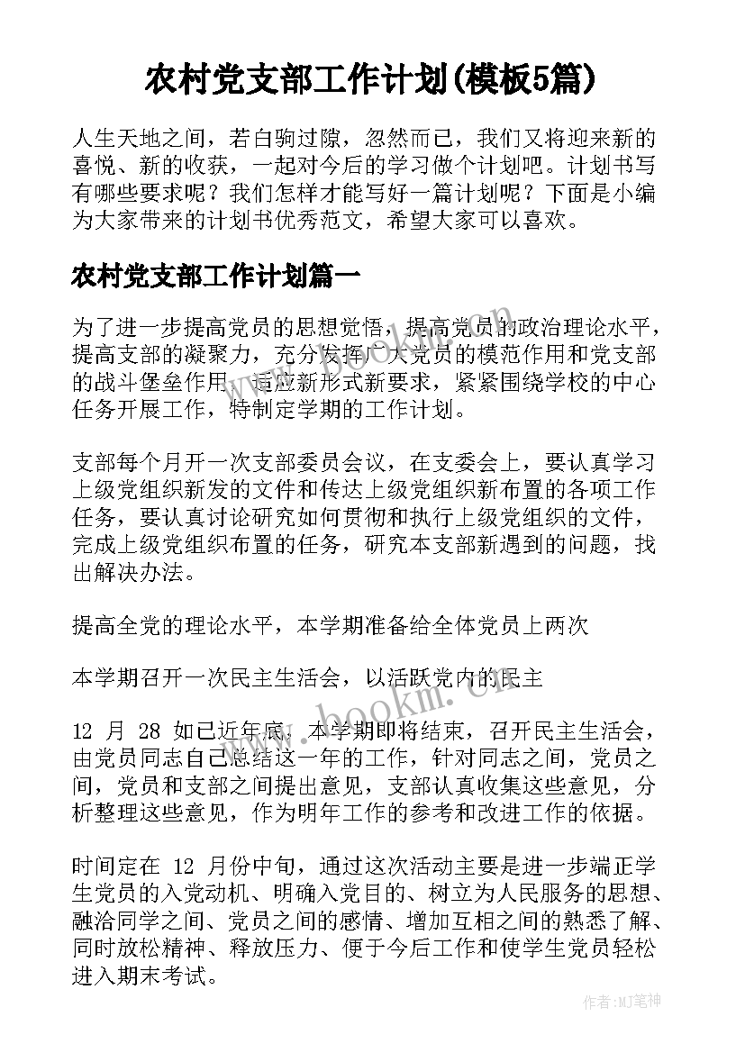 农村党支部工作计划(模板5篇)