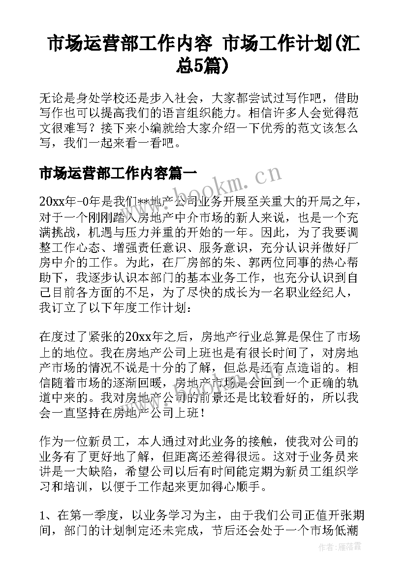 市场运营部工作内容 市场工作计划(汇总5篇)