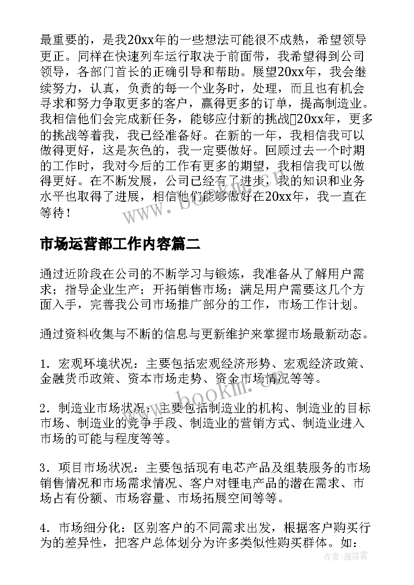 市场运营部工作内容 市场工作计划(汇总5篇)