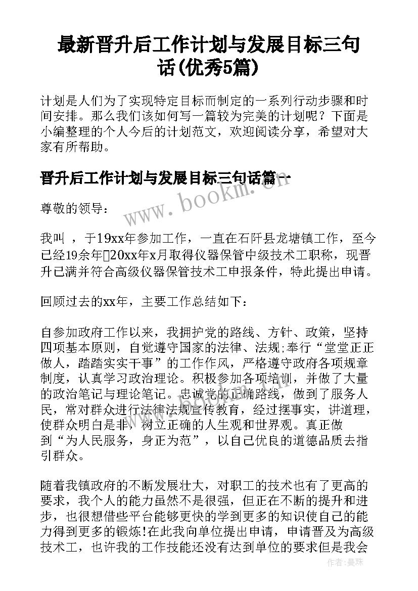 最新晋升后工作计划与发展目标三句话(优秀5篇)