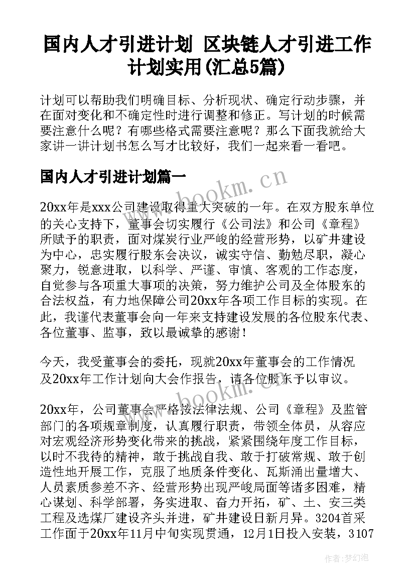 国内人才引进计划 区块链人才引进工作计划实用(汇总5篇)