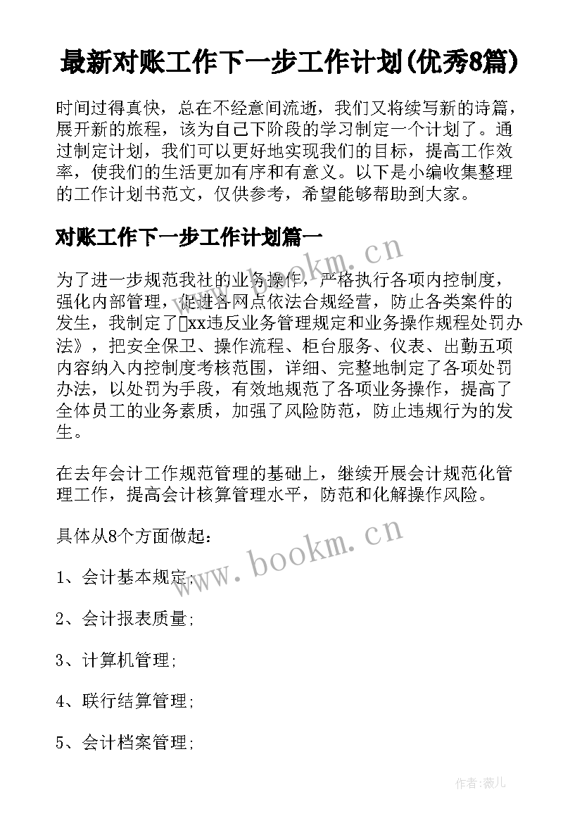 最新对账工作下一步工作计划(优秀8篇)