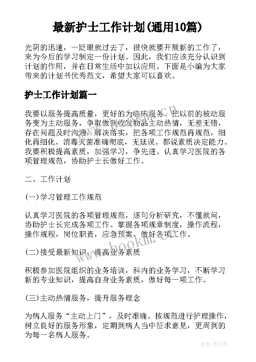 最新护士工作计划(通用10篇)