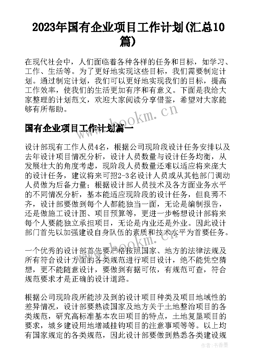 2023年国有企业项目工作计划(汇总10篇)