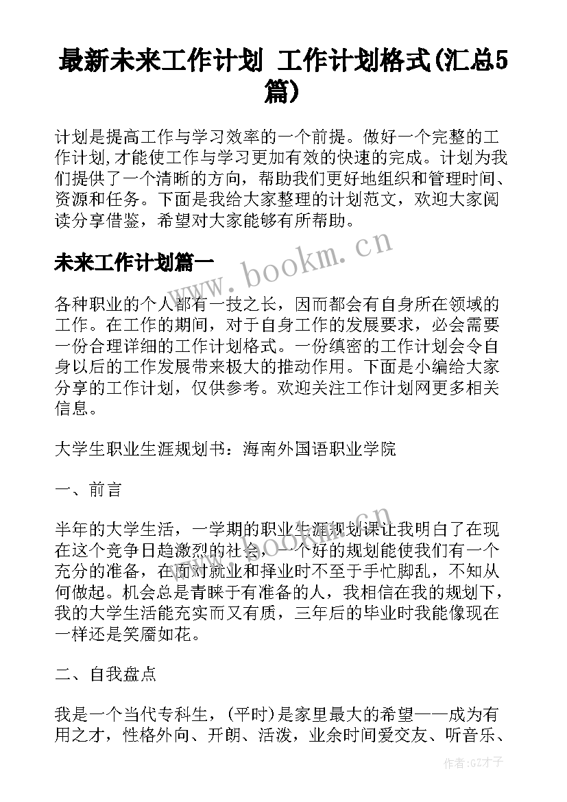 最新未来工作计划 工作计划格式(汇总5篇)