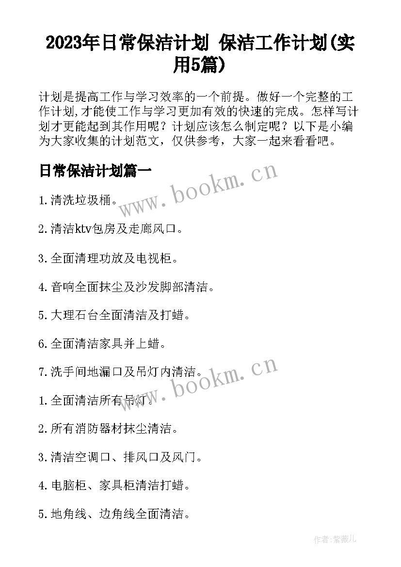 2023年日常保洁计划 保洁工作计划(实用5篇)