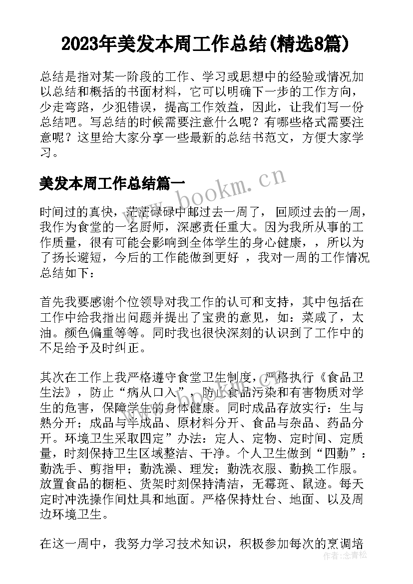 2023年美发本周工作总结(精选8篇)