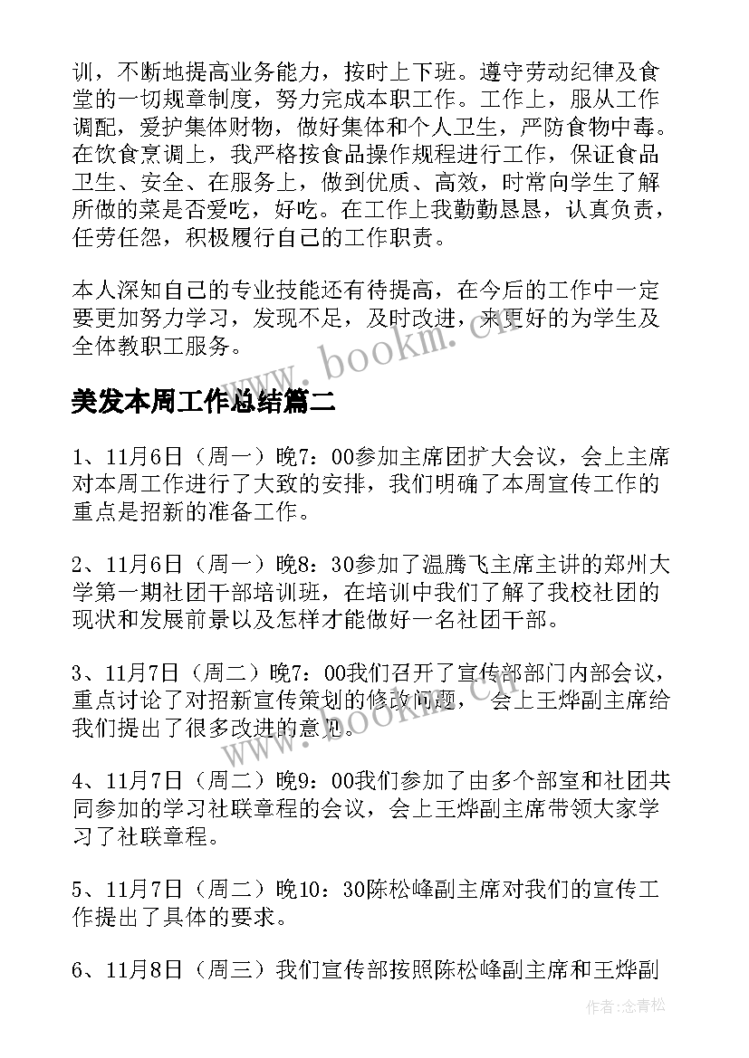 2023年美发本周工作总结(精选8篇)