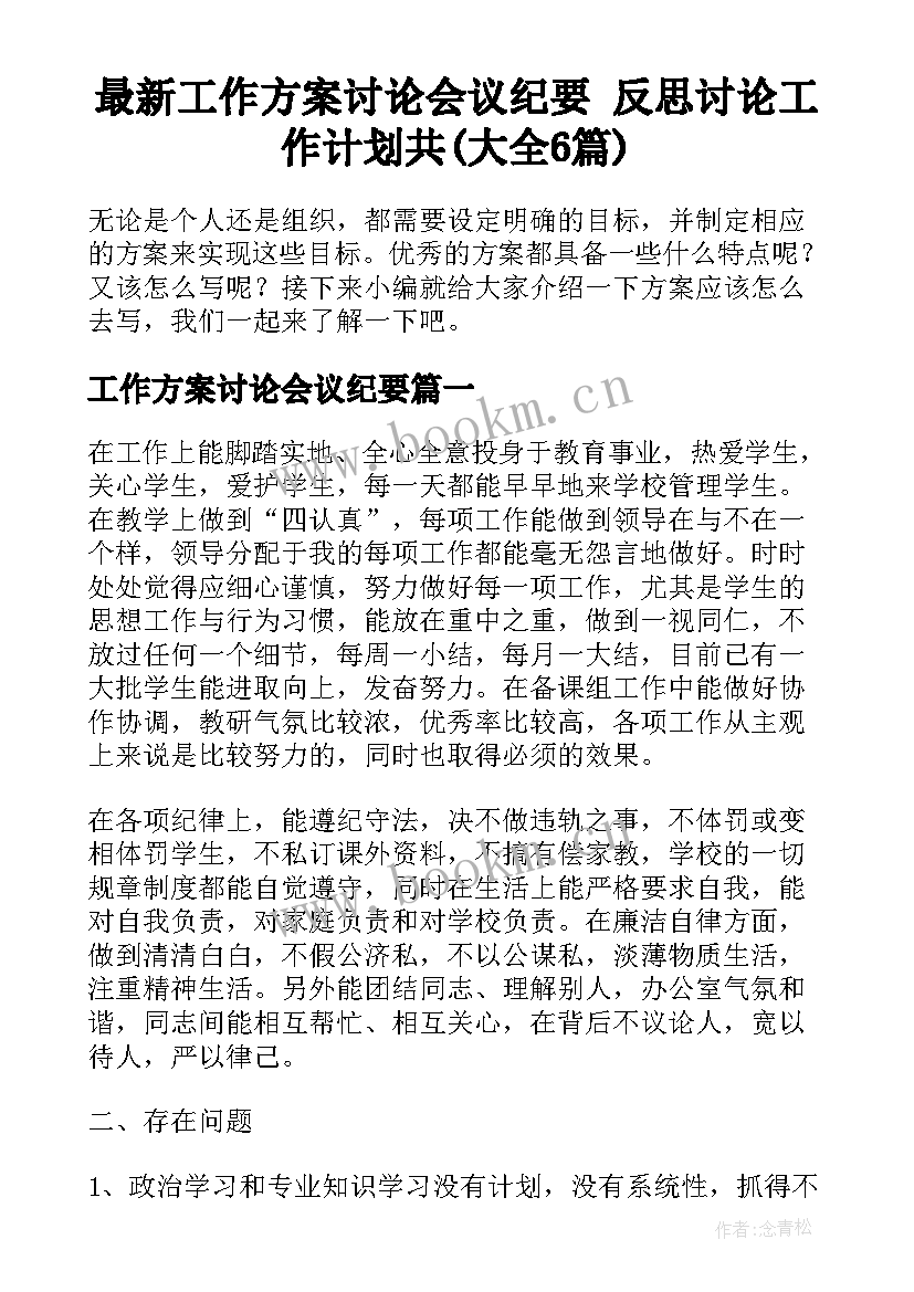 最新工作方案讨论会议纪要 反思讨论工作计划共(大全6篇)