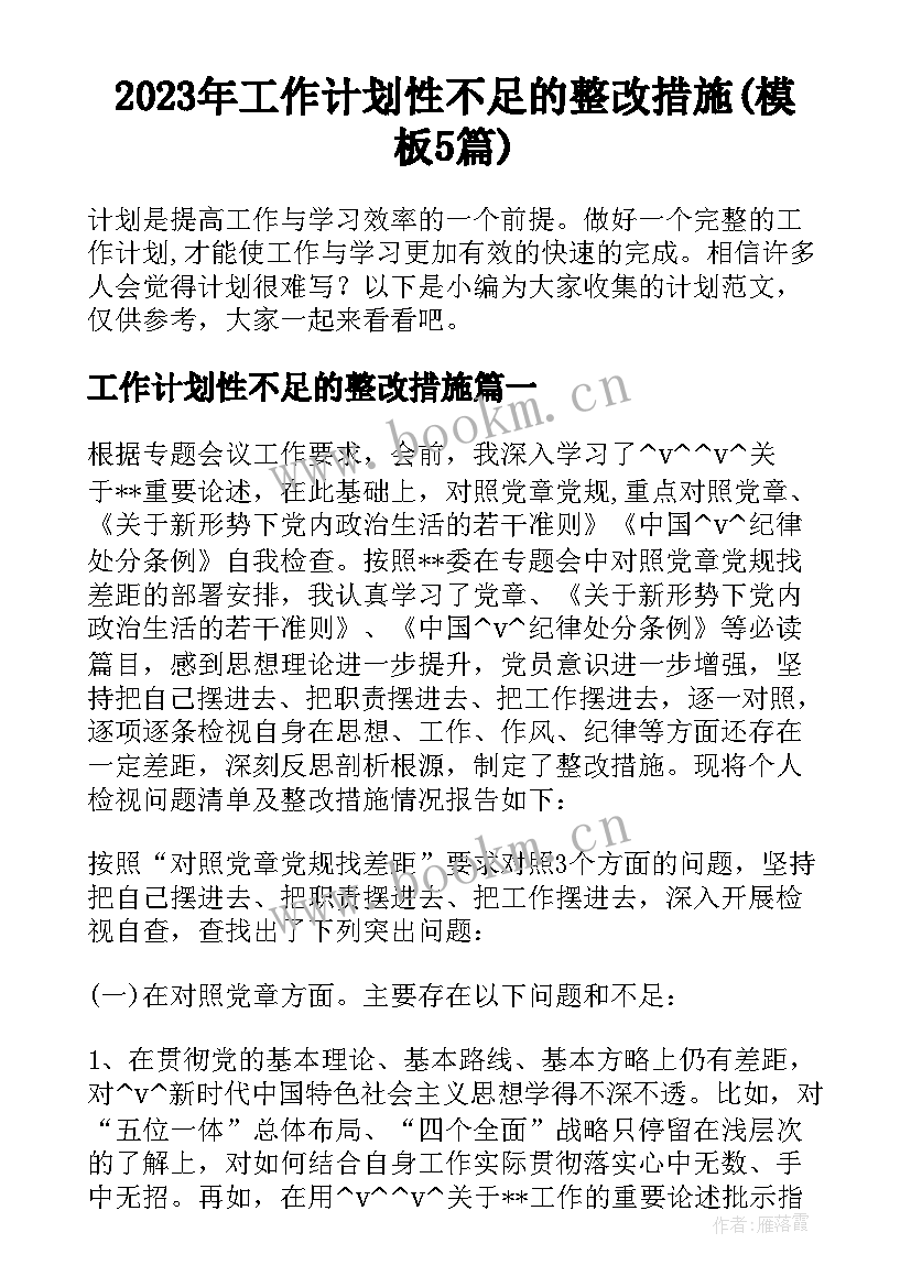 2023年工作计划性不足的整改措施(模板5篇)