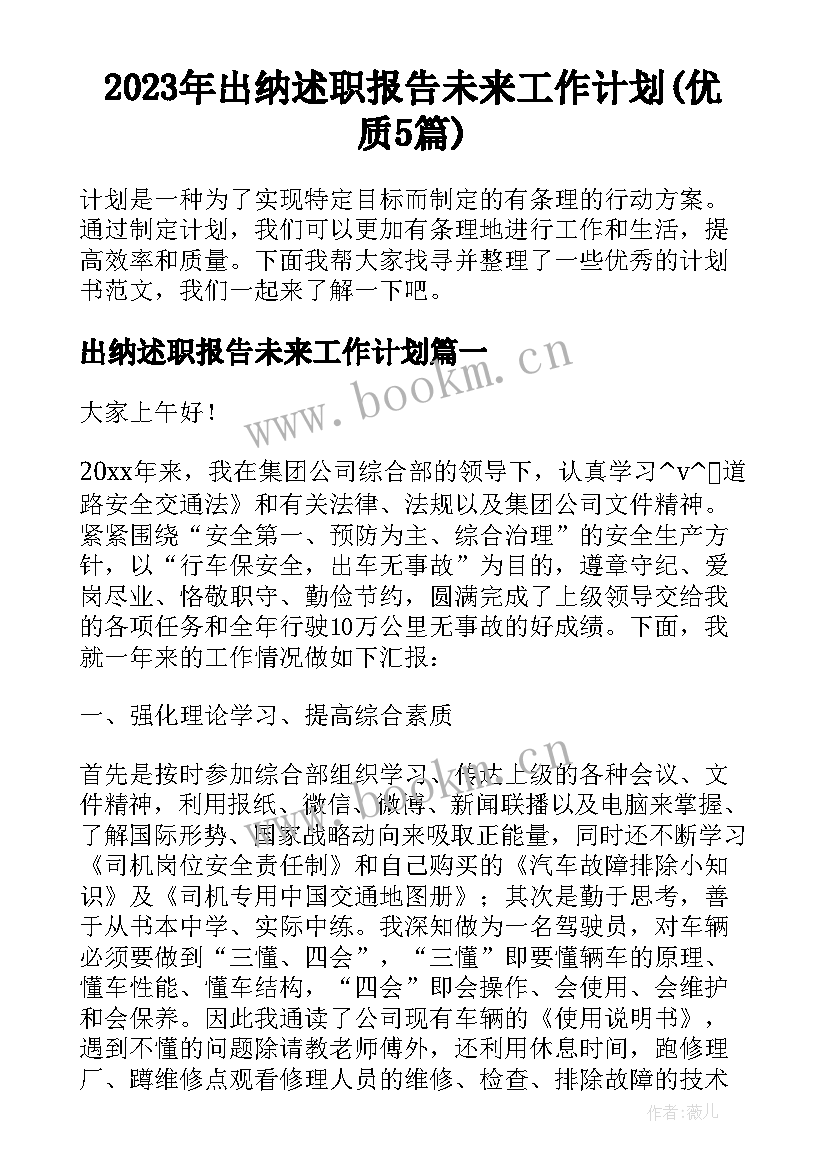 2023年出纳述职报告未来工作计划(优质5篇)