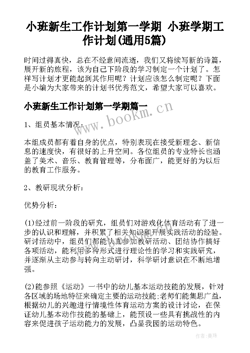 小班新生工作计划第一学期 小班学期工作计划(通用5篇)