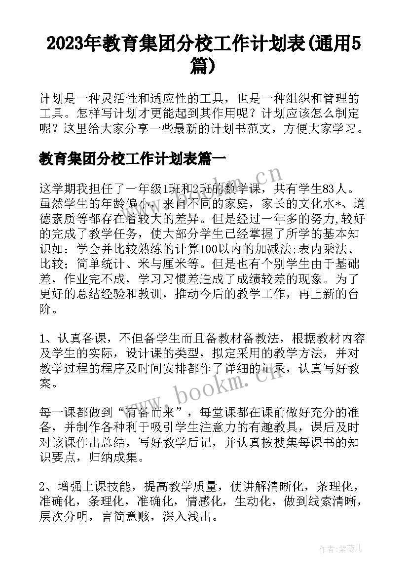 2023年教育集团分校工作计划表(通用5篇)