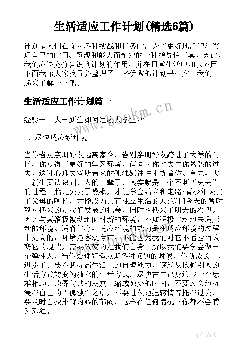 生活适应工作计划(精选6篇)