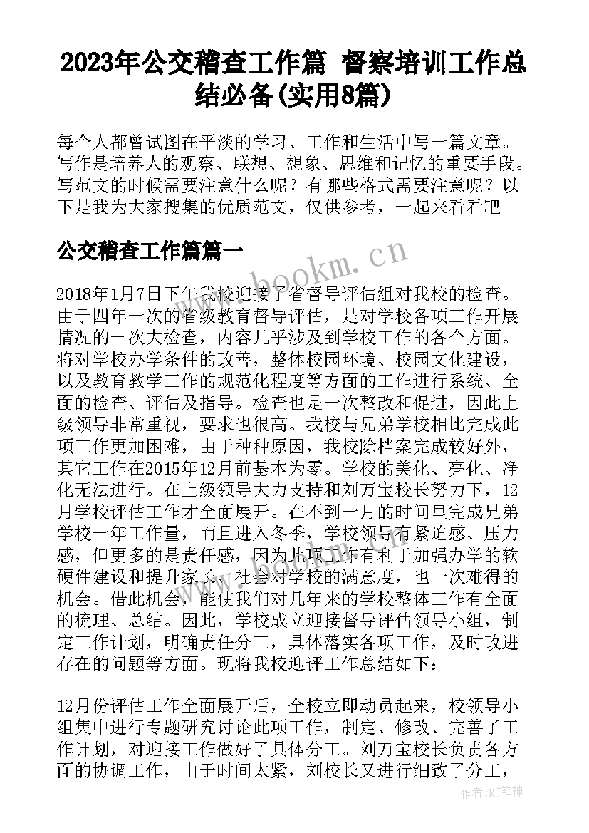 2023年公交稽查工作篇 督察培训工作总结必备(实用8篇)